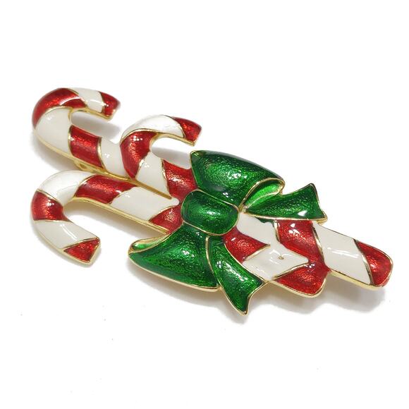 Vintage Enamel Candy Canes Brooch, Green Metallic Bow, 1960s Jewelry - Picture 9 of 10